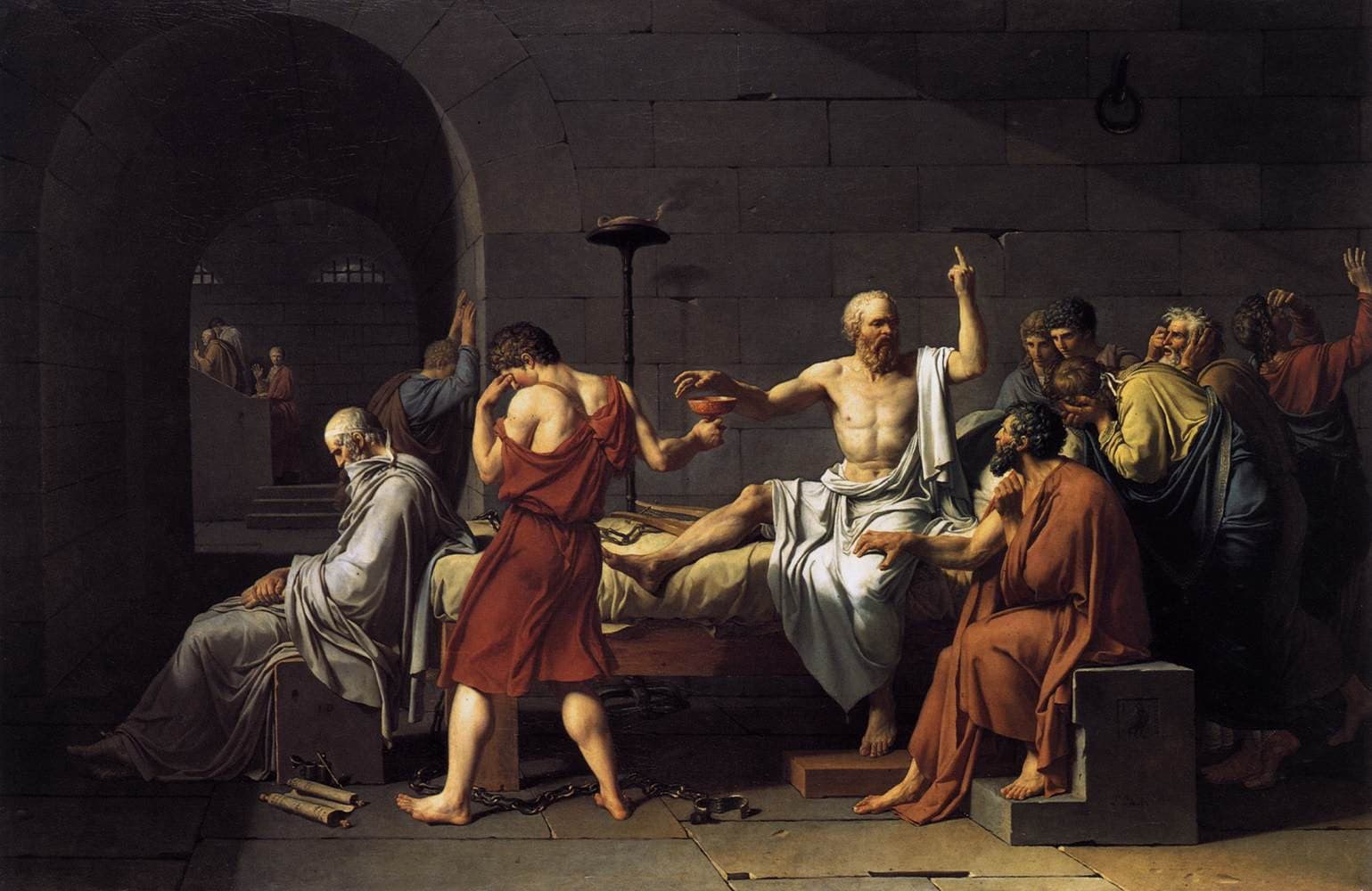 David’s Death of Socrates — Socrates reaching for the cup of hemlock
