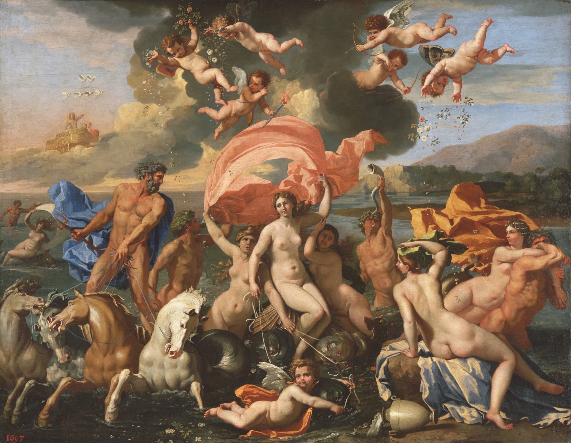 Poussin’s Triumph of Neptune — sea gods, nymphs and horses breaking through surf